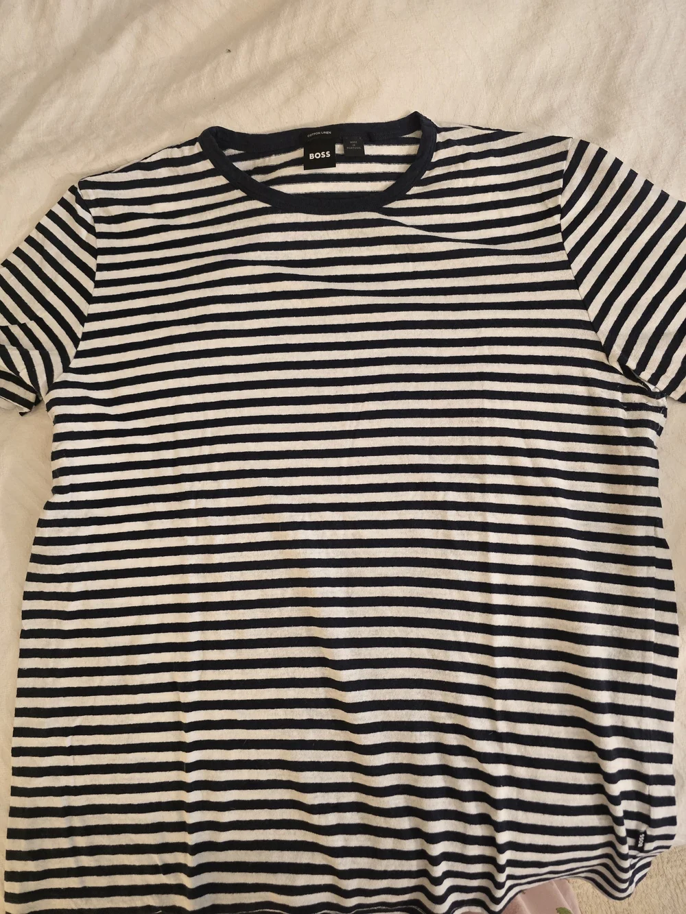 BOSS Men’s Navy and White Stripe Crewneck T-Shirt